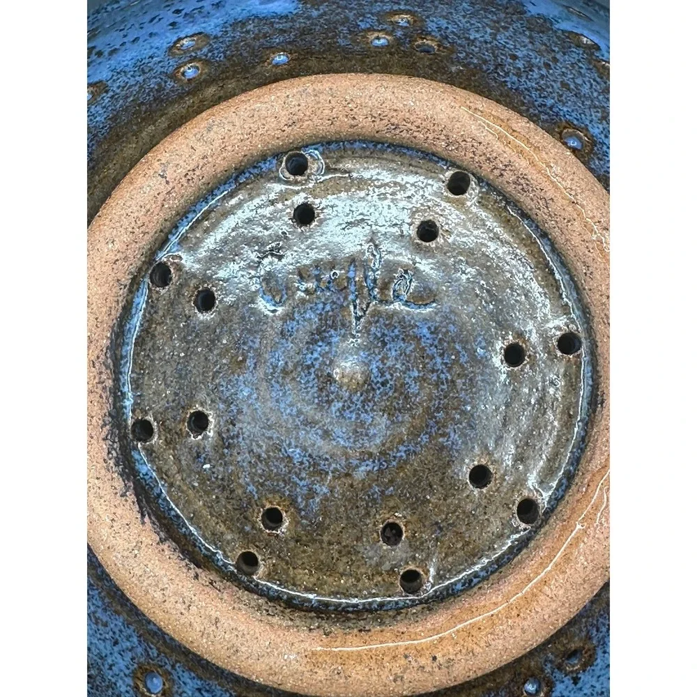 Artist Signed Studio Pottery Berry Bowl Colander Blue Bronze Speckled Stoneware
